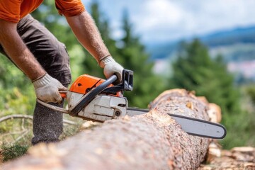 Lumberjack cutting tree trunk with chainsaw, sawdust flying in the air, forest background.