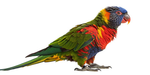 Obraz premium A vibrant, colorful exotic parrot perched gracefully against a clean white background. png. A perfect representation of a tropical pet in stunning detail.