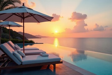 Fototapeta premium Stylish umbrella daybeds by infinity pool, stunning sunset view, travel, paradise, view