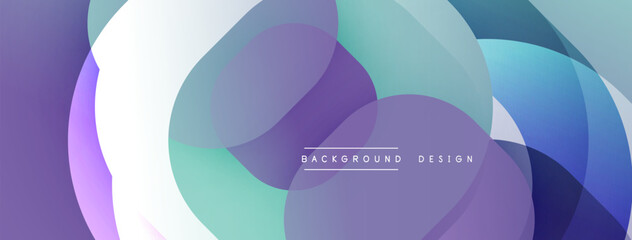 Abstract circles overlap, creating soft gradients. Purple, blue, turquoise hues dominate design. Modern, fluid aesthetic.