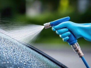 A gloved hand sprays water onto a wet, glistening surface, cleaning a car or other object.