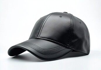 Fototapeta premium Black leather baseball cap with stitching and curved brim on white background.
