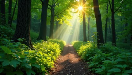 Fototapeta premium Sun-dappled forest path winding through lush greenery, leading into the woods , outdoor, woods, dark