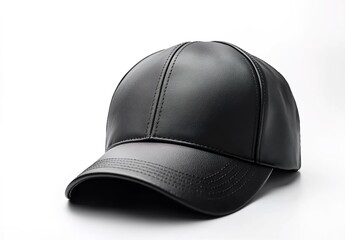 Black leather baseball cap with stitching and curved brim on white background.