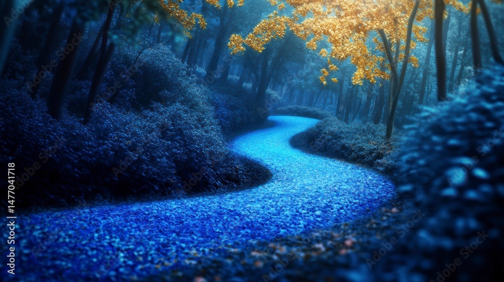 Poster serene winding path through a mystical blue forest at twilight.