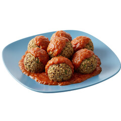 Delicious plate of meatballs covered in rich tomato sauce served on a blue dish
