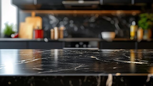 Modern kitchen with black marble countertop (golden veins), blurred utensils and plants in warm lighting.