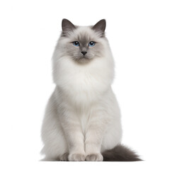 Obraz premium A fluffy cat with striking blue eyes, sitting gracefully against a white isolated background, showcasing its elegant fur and serene demeanor.