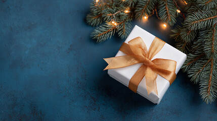 White gift box with golden ribbon on dark blue background with fir branches and Christmas lights. Flat lay composition with copy space.