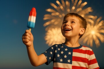 Joyful boy holding rocket popsicle with fireworks in background on fourth of July