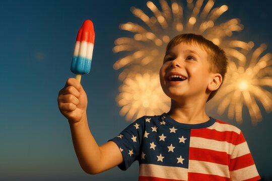 Joyful boy holding rocket popsicle with fireworks in background on fourth of July - Powered by Adobe