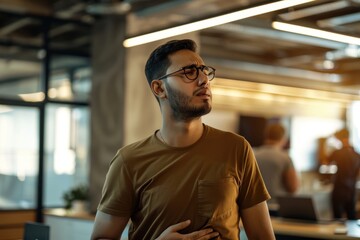 Young man in glasses expressing discomfort in modern office setting