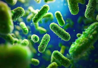 Microscopic green rod-shaped bacteria floating on blue background.