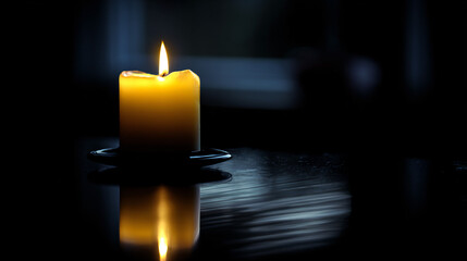 Single candle flickering in a dark room creates an atmosphere of warmth and solitude.