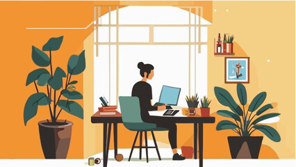 Fototapeta premium Woman_Working_From_Home_Office_Setup_with_Desk_Plants_and_Laptop_in_Cozy_Room_Illustration_for_Remote_Work_Productivity_and_Comfortable_Workspace