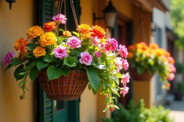 Vibrant hanging baskets overflowing with colorful flowers, showcasing lush greenery and blooming blossoms , healthy, basket, container
