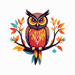 Naklejka premium Colorful Owl Illustration_Whimsical Bird on Branch_Autumn Leaves_Detailed Owl Art_Nature Inspired Artwork_Unique Owl Design_Striking Colors_Elegant Owl Image