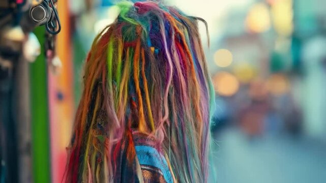 Young woman with vibrant multicolored dreadlocks in shades of blue, orange, purple, and green stands in a bustling urban street at night the hair cascades over her shoulders 