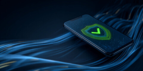 Smartphone displaying a glowing green checkmark inside a shield, set against a dark blue abstract background, symbolizing mobile security and data protection