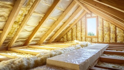 Attic with wooden framing covered in yellow insulation foam and sunlight through window.