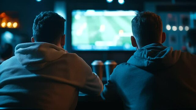 Men sitting together in a dark sports bar with large TV screens showing a football match, their attention fully captured by the game, enjoying the competitive atmosphere