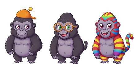 Fototapeta premium Three Cute Gorillas Cartoon Characters Illustration