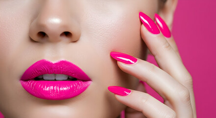Hot Pink Lips and Nails Beauty Fashion Make Up Cosmetics Glamour Model Woman Girl