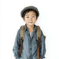 Adorable Asian Boy with Backpack Ready for School or Adventure A Portrait of a Cute Child Wearing a Newsboy Cap
