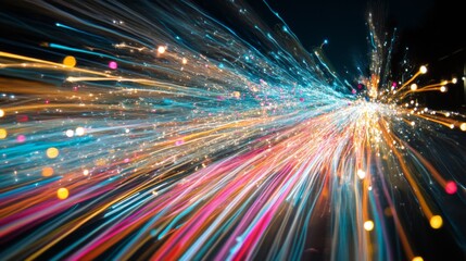 Naklejka premium A close-up of fireworks exploding in the sky, with bright, colorful trails of light against the dark night, creating a stunning spectacle