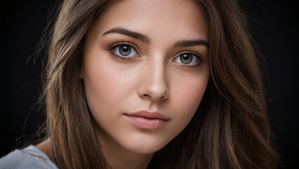 Obraz premium Portrait of a Young Woman with Confident Gaze and Natural Beauty, Close-up portrait of a young woman with striking features, elegant expression, and natural beauty, set against a dark background.