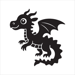 Cute cartoon baby dragon silhouette with wings and tail isolated on white background.