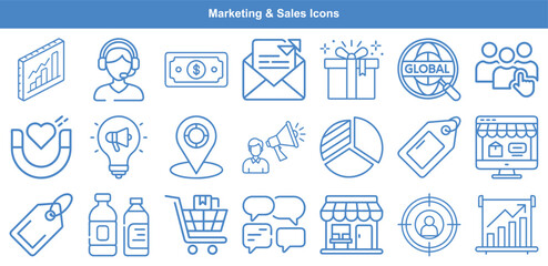 Marketing and Sales Linear Style Icons Business, Customer Service, and Global Commerce Symbols