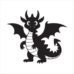 Cute cartoon baby dragon silhouette with wings and tail isolated on white background.