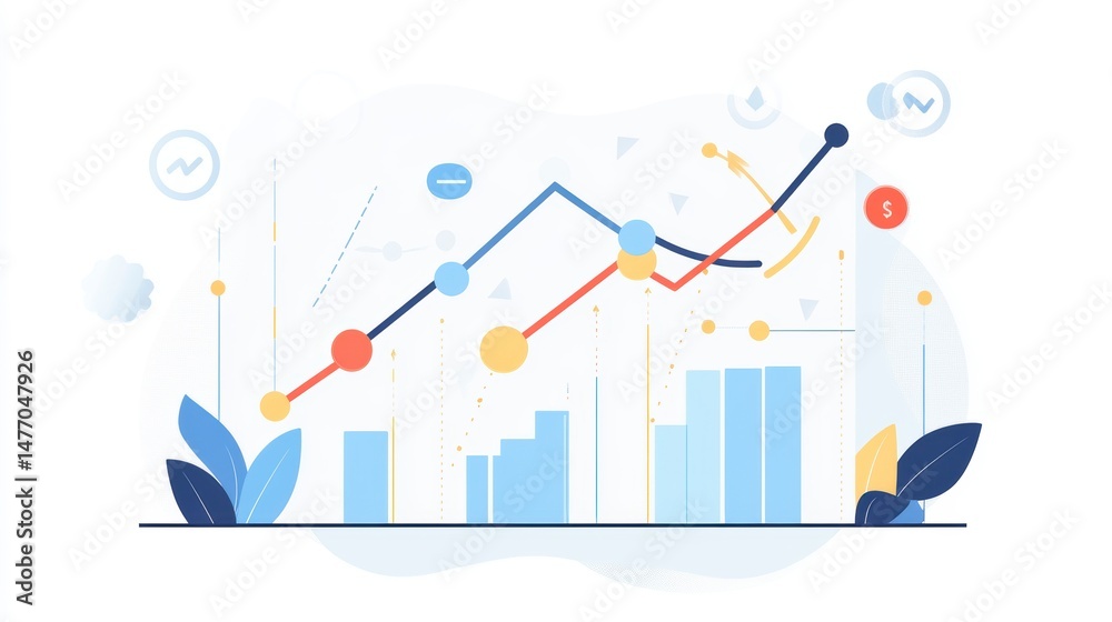 Poster upward trending graph with bar chart illustrating growth and progress.