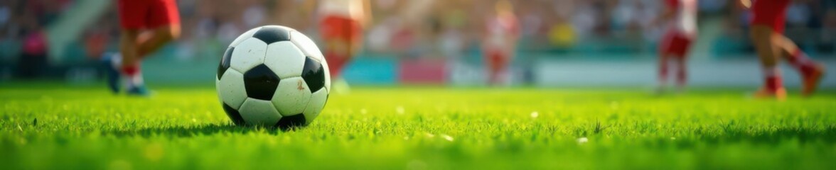 Fototapeta premium Blurred soccer field, in-focus ball in foreground, sport, ball