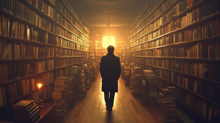 Silhouette stands in a long library corridor flanked by stacks of old books in warm light