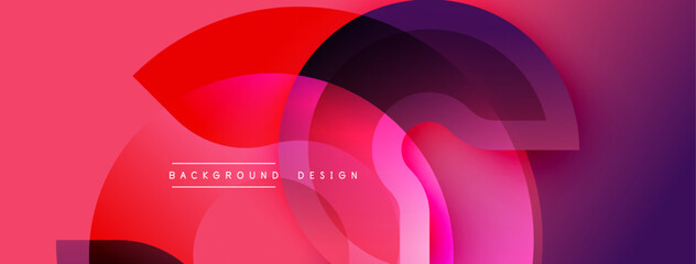 Abstract geometric shapes overlap, creating vibrant gradient effect. Pink, red, purple hues dominate composition. Modern design element.