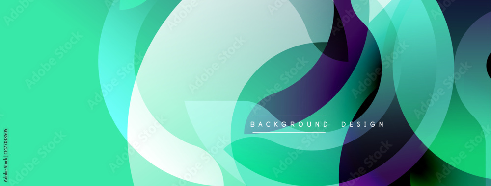 Poster Abstract design features layered translucent circles. Colors include teal, purple, white, creating dynamic visual effect. Modern background.