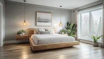 Modern bedroom with wooden bed, white bedding, potted plants, pendant lights, and large window.