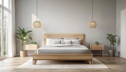 Modern bedroom with wooden bed, white bedding, potted plants, pendant lights, and large window.
