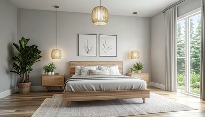 Modern bedroom with wooden bed, white bedding, potted plants, pendant lights, and large window.