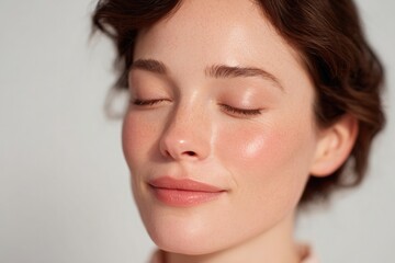 graceful woman face flawlessly made up with soft focus and expansive white background