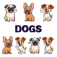 set dogs jack russell terrier, pug, french bulldog. collection of cartoon dog stickers on isolated white background with different emotions