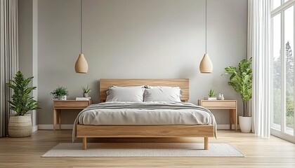 Modern bedroom with wooden bed, white bedding, potted plants, pendant lights, and large window.
