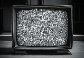 Vintage black-and-white television showing static on dark background.