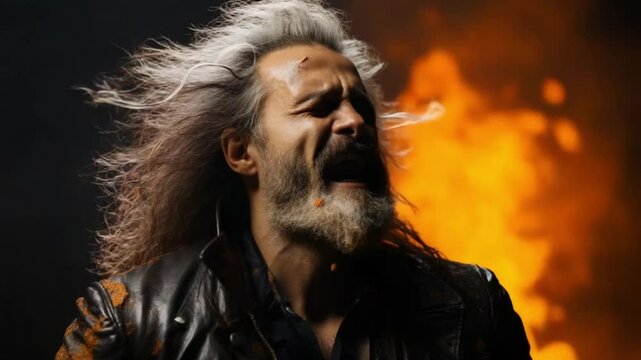 An intense moment unfolds as a performer stands against a backdrop of flames, expressing sheer emotion with a powerful yell. The scene is infused with dynamic energy and drama