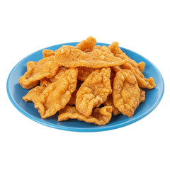 Crispy fried snacks piled on a blue plate, with a vibrant kitchen background