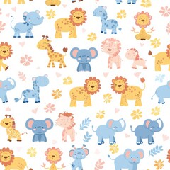 seamless pattern of cartoon African animals, including lion, giraffe, elephant, zebra, and hippo, pastel color palette