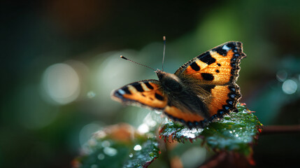Obraz premium Small tortoiseshell butterfly (Aglais urticae) perched on a little plant leaf. Macro wildlife animal background.