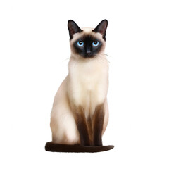 A stunning Siamese cat in a sitting position, featuring striking blue eyes and a beautiful cream and brown coat against a white isolated background.